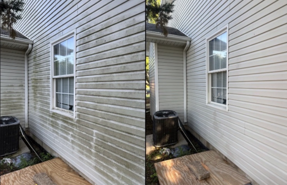 Before-and-after house washing result from a Prime Shine project